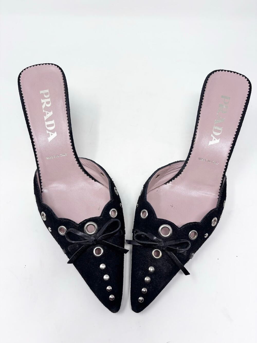 Prada Black Suede Studded Grommet Bow Pointed Toe Eyelet Mule Vintage Size 37